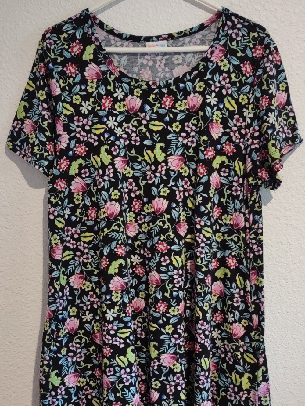 LuLaRoe Black Floral Short-Sleeve Swing Dress with Pink & Green Accents - Picture 3 of 8